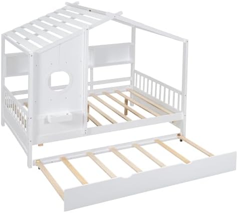 MERITLINE Kids House Bed with Trundle and Storage Shelf, Full Size Wooden Kids Montessori Bed Frame (White)