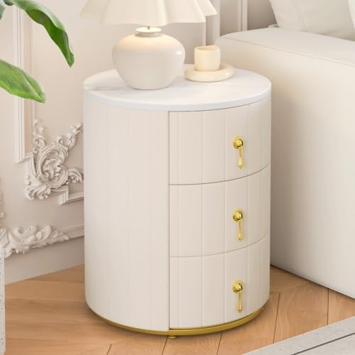 Bellemave Upholstered Nightstand with 3 Drawers, Round Bedside Table with Metal Handles, Velvet End Table, Marbling Stickers Top Nightstand (Beige)