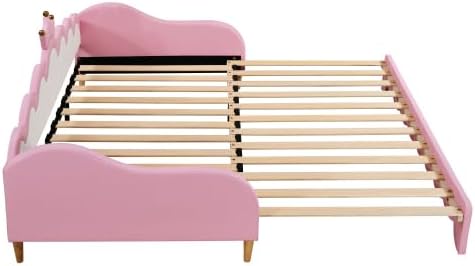 Twin Size Upholstered Daybed with Crown Headboard and LED Lights, Extending Daybed Princess Bed for Girls (Pink)