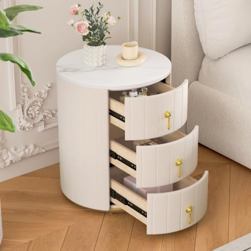 Bellemave Upholstered Nightstand with 3 Drawers, Round Bedside Table with Metal Handles, Velvet End Table, Marbling Stickers Top Nightstand (Beige)