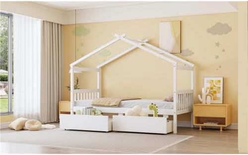 Harper & Bright Designs Twin Size House Bed for Kids, Wooden House Bed Twin with Two Drawers, Kids Twin Bed Frame with Storage,Roof Design for Girls Boys, White