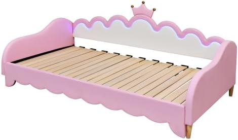 Twin Size Upholstered Daybed with Crown Headboard and LED Lights, Extending Daybed Princess Bed for Girls (Pink)