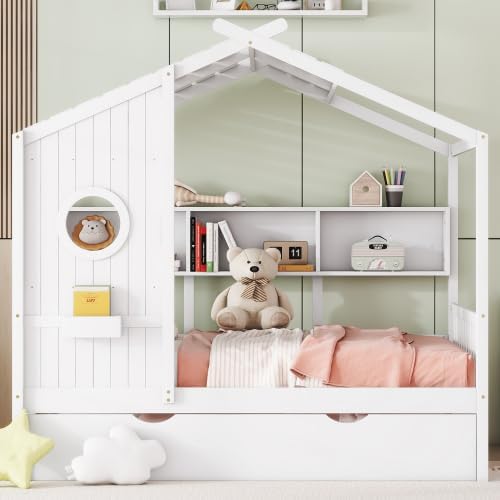 MERITLINE Kids House Bed with Trundle and Storage Shelf, Full Size Wooden Kids Montessori Bed Frame (White)