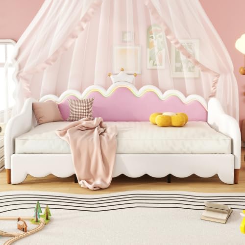CITYLIGHT Twin Size Upholstered Daybed with Crown Headboard, Cute Bed Frame with LED, Extending Daybed Princess Bed for Girls (White)