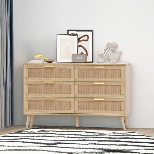 Rovaurx 6 Drawer Double Dresser for Bedroom, Rattan Chest of Dressers, Modern Wooden Dresser Chest with Golden Handles, Beside Table for Closet, Living Room and Entryway, Natural