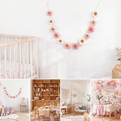 Boho Crochet Daisy Garland, Pink Flower Banner Garland Decoration, for Baby Girl Nursery Daisy Birthday Party Banner Baby Shower Decoration Hippie Groovy Decor
