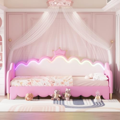 Twin Size Upholstered Daybed with Crown Headboard and LED Lights, Extending Daybed Princess Bed for Girls (Pink)