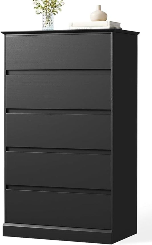 5 Drawer Dresser, Modern Tall Dresser for Bedroom, Wooden Black Chest of Drawers with Large Stoage, Vertical Dressers for Bedroom,Living Room, Entryway, or Hallway, Black