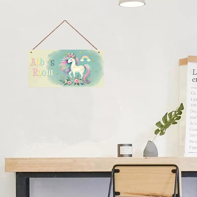 Personalized Unicorn Door Sign For Girls Bedroom Kids Nursery Wall Decor Custom Name Rainbow Art Wooden Plaque For Home Kitchen Garden Yard Wall Club Front Door Decor