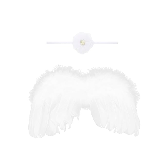2PCS White Angel Wings With Pearl Chiffon Flower Headband For Newborn Infant Photography Props Soft Fairy Feather Wings For Toddlers Kids Girls Gifts(Color I, One Size)
