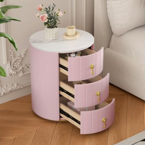 Bellemave Upholstered Nightstand with 3 Drawers, Round Bedside Table with Metal Handles, Velvet End Table, Marbling Stickers Top Nightstand (Pink)