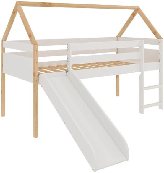 From the Tree Furniture Twin Loft Bed with Slide for Kids – Solid Wood House Frame with Safety Rails, Low Loft Playhouse Bed