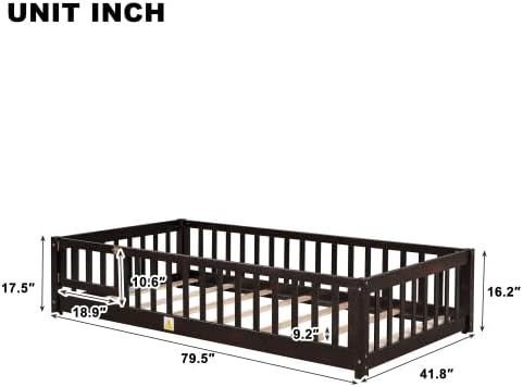 Twin Size Wood Montessori Bed Frame with Wood Slats, Fence & Door for Children Girls and Boys, Espresso (with Bed Slats)