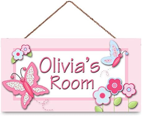 Girls Bedroom Pretty Patterned Butterfly Personalized Name Door Sign Wall Art Décor Custom Wood Plaque Sign Wall Decor Gift