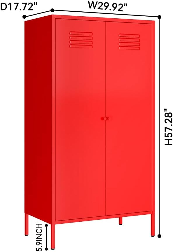 2 Door Metal Wardrobe,Classified Storage Tall Storage Cabinet with Hanging Rod&2 Freely Adjustable Shelves, Metal Armoire Closet for Kids Bedroom, Laundry Room,Home (red)