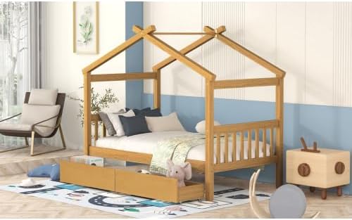 Harper & Bright Designs Twin Size House Bed with Two Drawers, Wooden Kids Twin Bed Frame with Storage, Roof Design, Natural