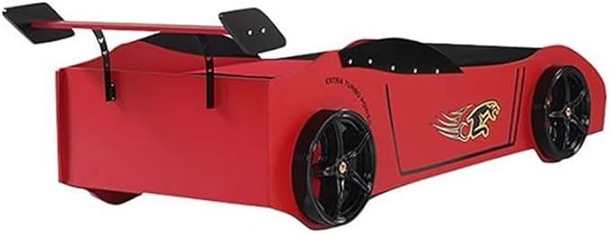 Pemberly Row Modern Woody Twin Race Car Bed with LED Headlights in Red