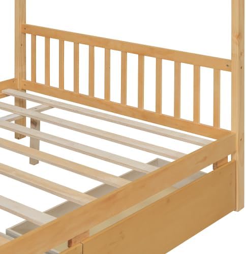 Full Size House Bed with 2 Drawers, Wooden Kids Full Bed Frame with Storage, Roof Design, Natural