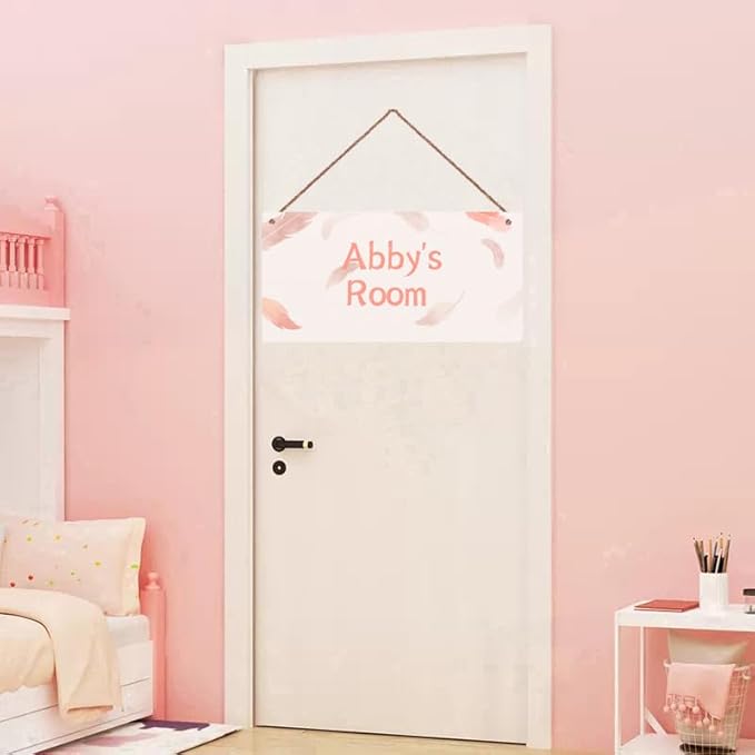 Personalized Feather Sign Pink Cartoon Themed For Kids Room Boys Bedroom Door Decor,Custom Name Wall Art Decor Decorative Plate for Nursery Little Man Cave
