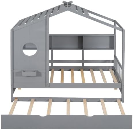 MERITLINE Kids House Bed with Trundle and Storage Shelf, Twin Size Wooden Kids Montessori Bed Frame (Grey)