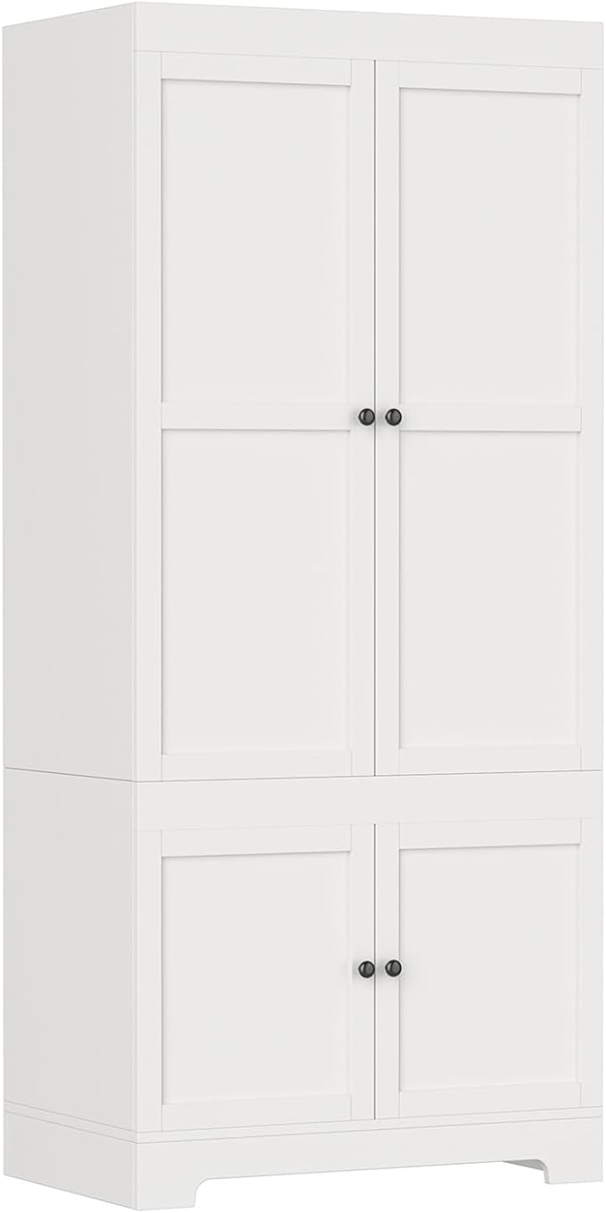 Wardrobe Closet with 2 Doors 2 Cabinets, 71" Tall Armoire with Hanging Rod Freestanding Large Capacity Clothing Wardrobe Cabinet w/Gold Handles for Bedroom-White