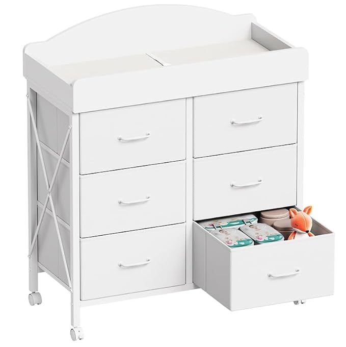 Baby Changing Table Dresser with Wheels, 6-Fabric Drawer Baby Dresser with Changing Table Top, Waterproof Diaper Changing Station & Pad, Mobile Storage Unit, Compact Baby Furniture, White
