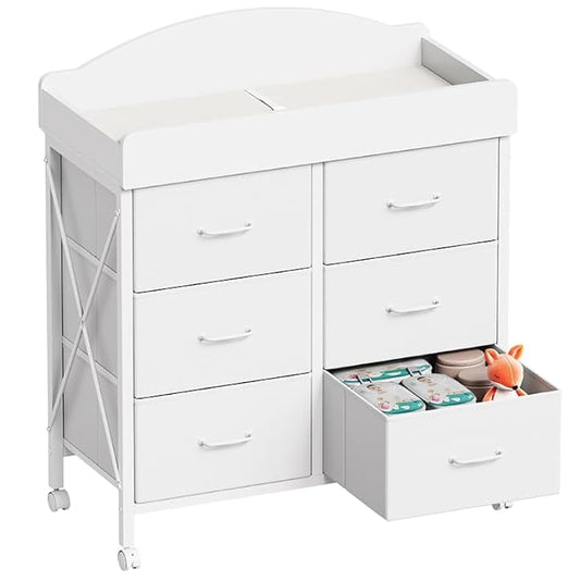 Baby Changing Table Dresser with Wheels, 6-Fabric Drawer Baby Dresser with Changing Table Top, Waterproof Diaper Changing Station & Pad, Mobile Storage Unit, Compact Baby Furniture, White