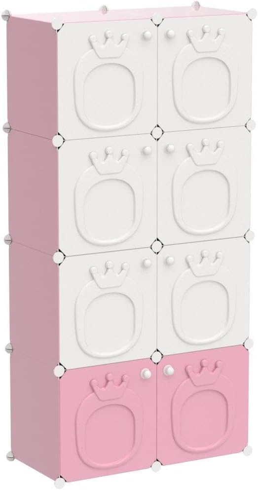 MAGINELS Kids Wardrobe, Baby Girls Closet Armoires Organizer with Door. Open Hanging Children Costume Area and 6 Cube Storage. Pink (28x14x56inch)