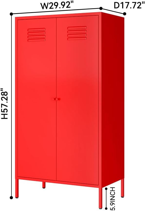 2 Door Metal Wardrobe,Classified Storage Tall Storage Cabinet with Hanging Rod&2 Freely Adjustable Shelves, Metal Armoire Closet for Kids Bedroom, Laundry Room,Home (red)