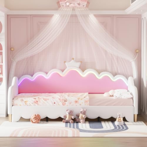 CITYLIGHT Twin Size Upholstered Daybed with Crown Headboard, Cute Bed Frame with LED, Extending Daybed Princess Bed for Girls (White)