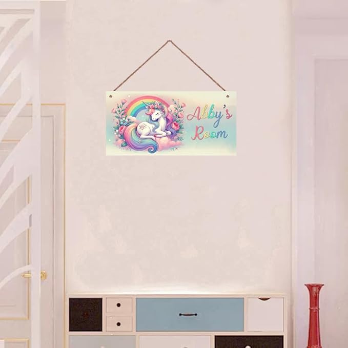 Personalized Rainbow Unicorn Flowers Door Sign Girls Bedroom Kids Nursery Wall Decor Custom Name Art Wooden Plaque For Home Kitchen Garden Yard Wall Club Front Door Decor