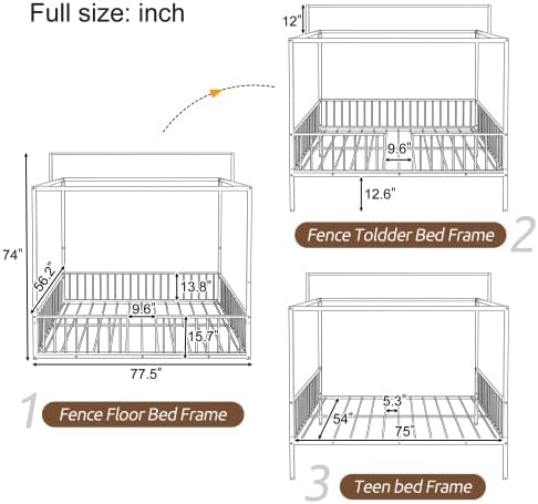 Harper & Bright Designs Full Size Montessori Floor Bed Frame for Kids, Metal Floor Bed with Canopy and Guardrails, High Fenced Canopy Bed with Sturdy Metal Slats Support, Easy Assembly, White