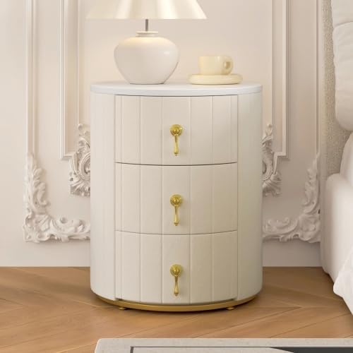 Bellemave Upholstered Nightstand with 3 Drawers, Round Bedside Table with Metal Handles, Velvet End Table, Marbling Stickers Top Nightstand (Beige)