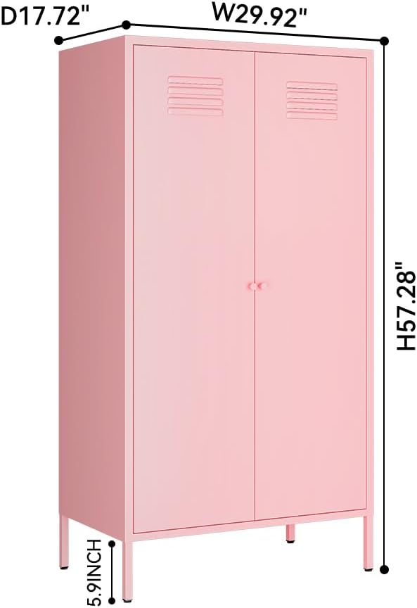 2 Door Metal Wardrobe,Classified Storage Tall Cabinet with Hanging Rod & 2 Freely Adjustable Shelves, Metal Armoire Closet for Kids Bedroom, Laundry Room,Home (Storage Cabinet, Pink)