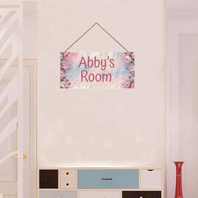 Personalized Name Sign Pink Flowers Decor For Girls Room and Baby Nursery Kids Bedroom Wood Plaque Hanging Wall Art Decor