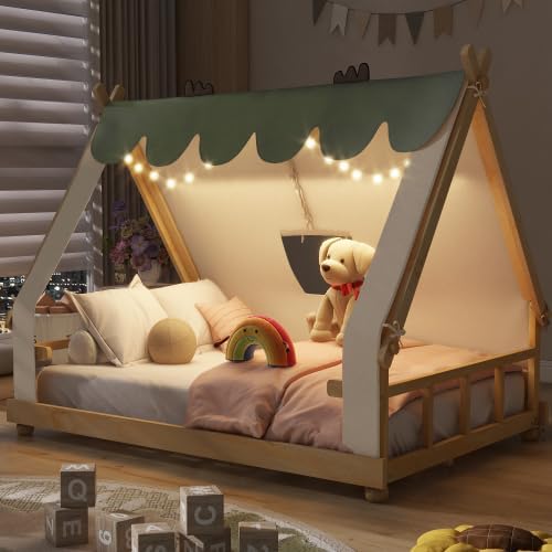 Full Size House Bed for Kids with Light and Tent, Montessori Floor Bed Full for Kids Girls Boys Teens Bedroom, White