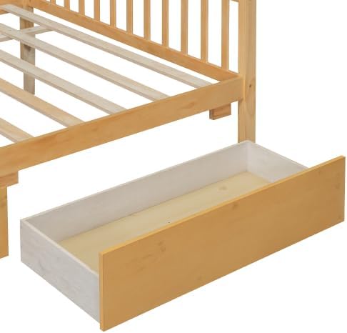 Full Size House Bed with 2 Drawers, Wooden Kids Full Bed Frame with Storage, Roof Design, Natural