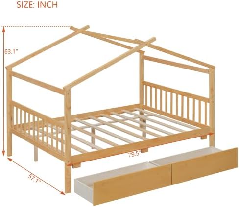 Full Size House Bed with 2 Drawers, Wooden Kids Full Bed Frame with Storage, Roof Design, Natural