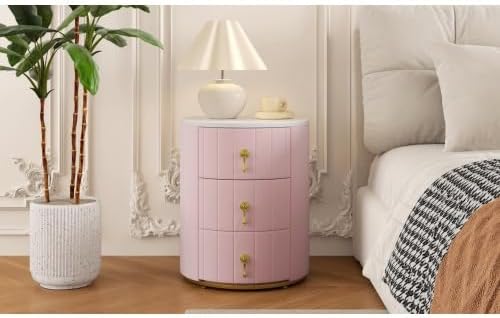 Bellemave Upholstered Nightstand with 3 Drawers, Round Bedside Table with Metal Handles, Velvet End Table, Marbling Stickers Top Nightstand (Pink)