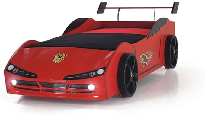 Pemberly Row Modern Woody Twin Race Car Bed with LED Headlights in Red