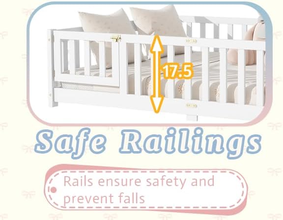 Twin Size Floor Bed for Kids, Wood Montessori Floor Beds with Fence Railings, Door & Slats Support, Twin Playhouse Bed Frame for Boys Girls, No Box Spring Needed, White