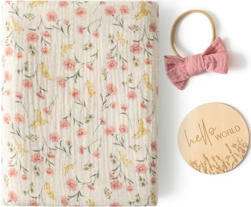 Little Jump Baby Muslin Swaddle Blankets for Girls, Newborn Swaddle Set with Matching Headband Bow, 47 x 47 inches Floral Print Hospital Home-Coming Baby Announcement Blanket.(Floral)