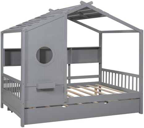 MERITLINE Kids House Bed with Trundle and Storage Shelf, Full Size Wooden Kids Montessori Bed Frame (Grey)