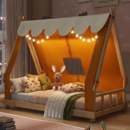 Twin House Bed for Kids with Light and Tent, Montessori Floor Bed Twin for Kids Girls Boys Teens Bedroom, Brown