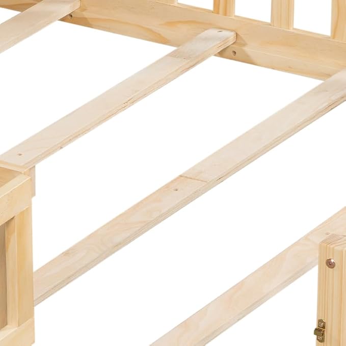 Bellemave Full Size Floor Bed for Kids, Girls, Boys, Solid Wood Montessori Bed with Storage headboard, Door, Storage,Natural