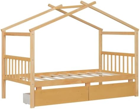 Harper & Bright Designs Twin Size House Bed with Two Drawers, Wooden Kids Twin Bed Frame with Storage, Roof Design, Natural