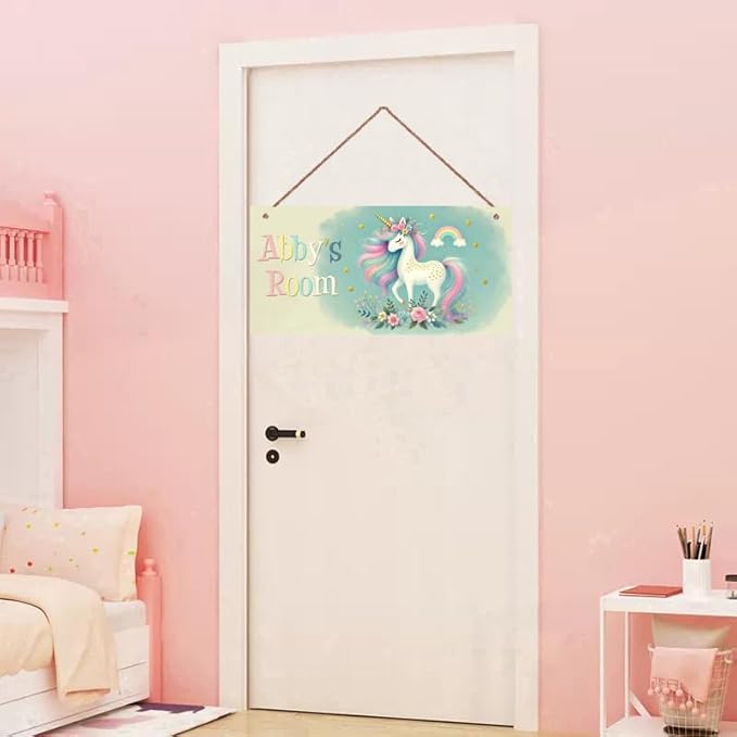 Personalized Unicorn Door Sign For Girls Bedroom Kids Nursery Wall Decor Custom Name Rainbow Art Wooden Plaque For Home Kitchen Garden Yard Wall Club Front Door Decor