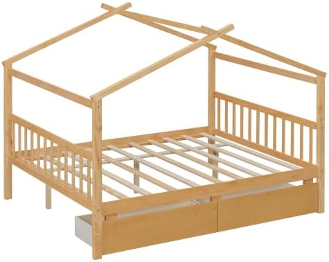 Full Size House Bed with 2 Drawers, Wooden Kids Full Bed Frame with Storage, Roof Design, Natural