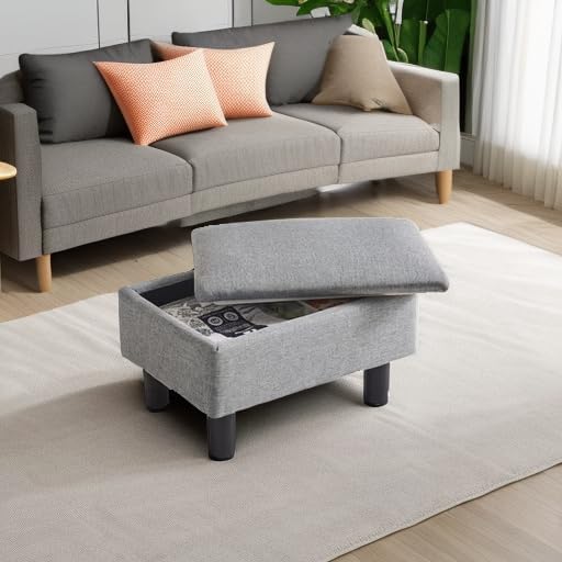 IBUYKE Storage Ottoman Footrest Stool with Linen Fabric, Rectangular, Flip Top Lid, Non-Slip Feet, Compact Design, Stylish and Functional, Gray Blue RF-BD224