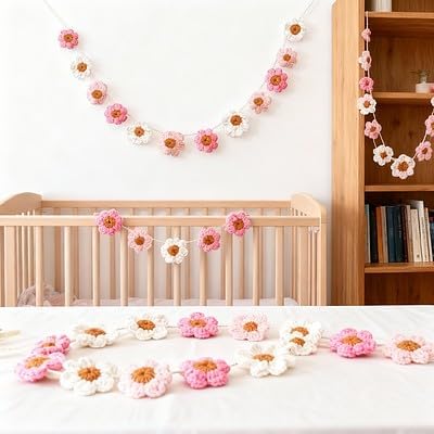 Boho Crochet Daisy Garland, Pink Flower Banner Garland Decoration, for Baby Girl Nursery Daisy Birthday Party Banner Baby Shower Decoration Hippie Groovy Decor
